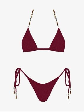 Beaded-Strap Maroon Triangle Bikini Set -